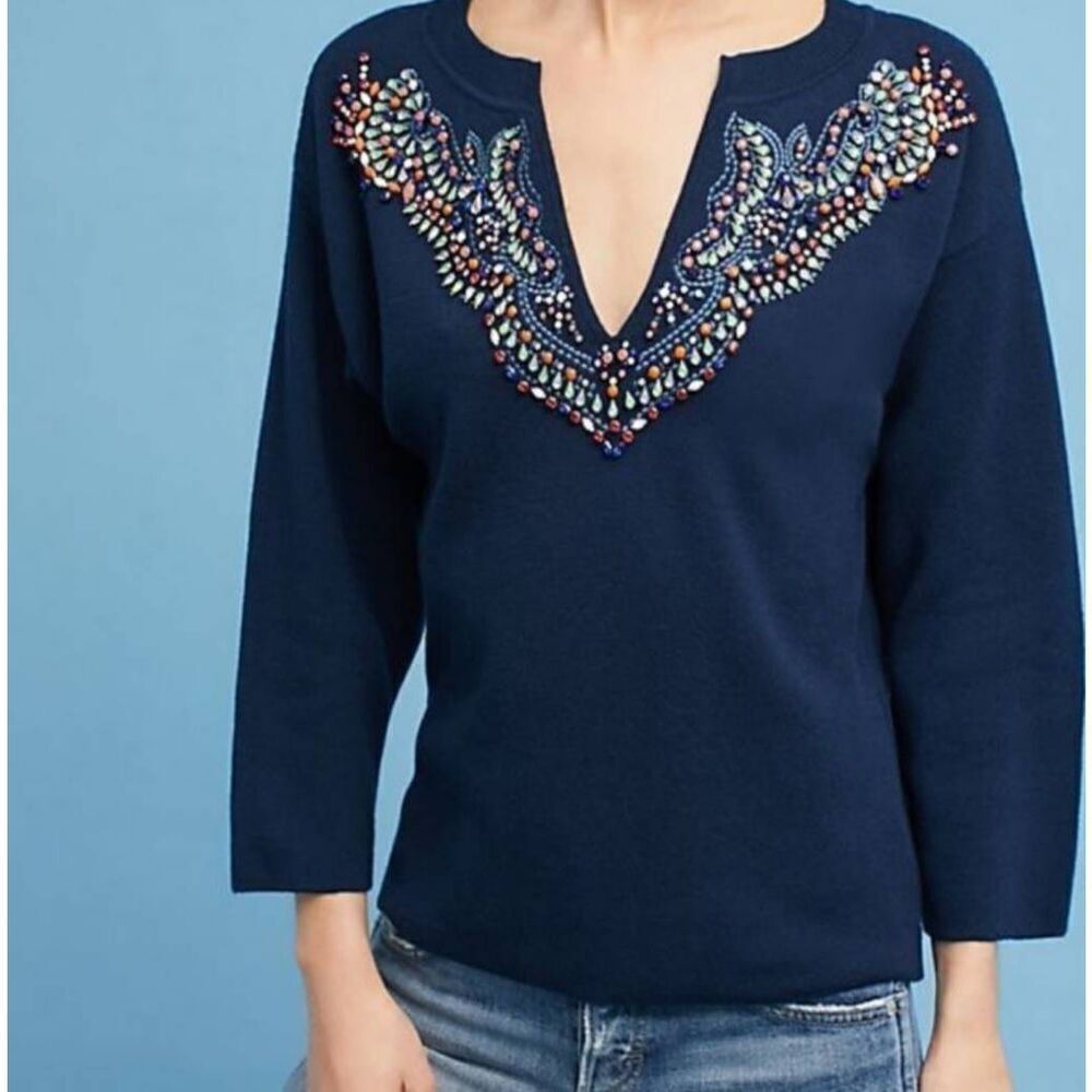 Anthropologie Moth Jeweled Embellished Split V Neck Navy Sweater Sz L